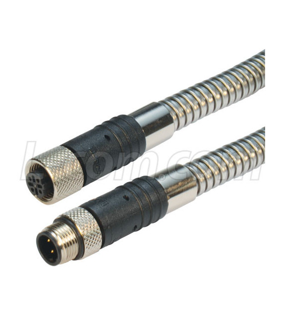 Category 5e M12 4 Position D code Armored Double Shielded Industrial Cable, M12 M / M12 F, 10.0m