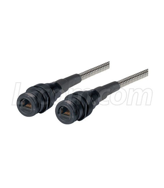Armored IP68 Cat5e Cable, Ruggedized RJ45, Jack to Jack, ANOD w/ FR-TPE Cable & Dust Caps, 1.0m