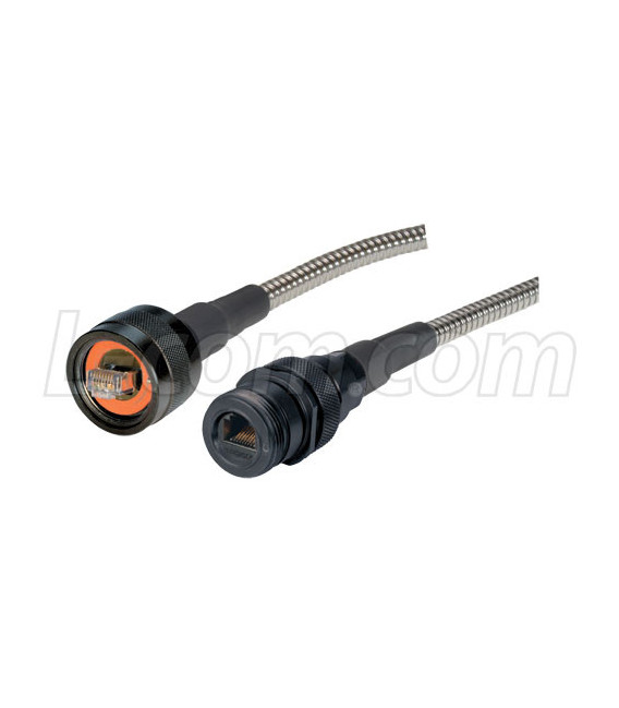 Armored IP68 C5e Cable, Ruggedized RJ45, Plug to Jack, ANOD w/ FR-TPE Cable & Dust Caps, 2.0m