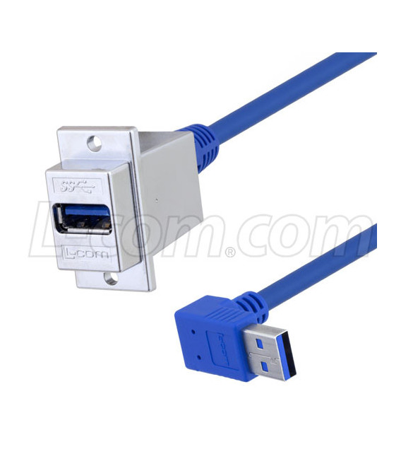 USB 3.0 Type A Coupler, Female Panel mount to Male 90 degree up exit 36in