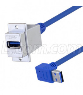 USB 3.0 Type A Coupler, Female Panel mount to Male 90 degree up exit 24in