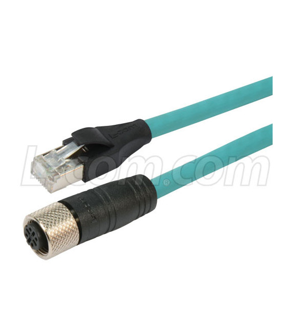 Category 5e M12 4 Position D code Double Shielded Industrial Cable, M12 F / RJ45, 2.0m