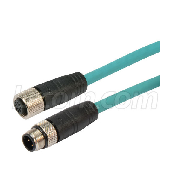 Category 5e M12 4 Position D code Double Shielded Industrial Cable, M12 M / M12 F, 10.0m
