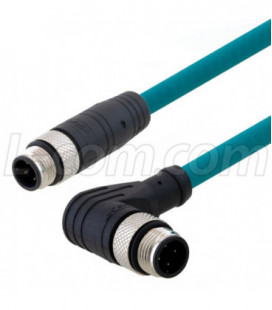 Category 5e M12 4 Position D code Double Shielded Industrial Cable, Right Angle M12 M / M12 M, 0.5m