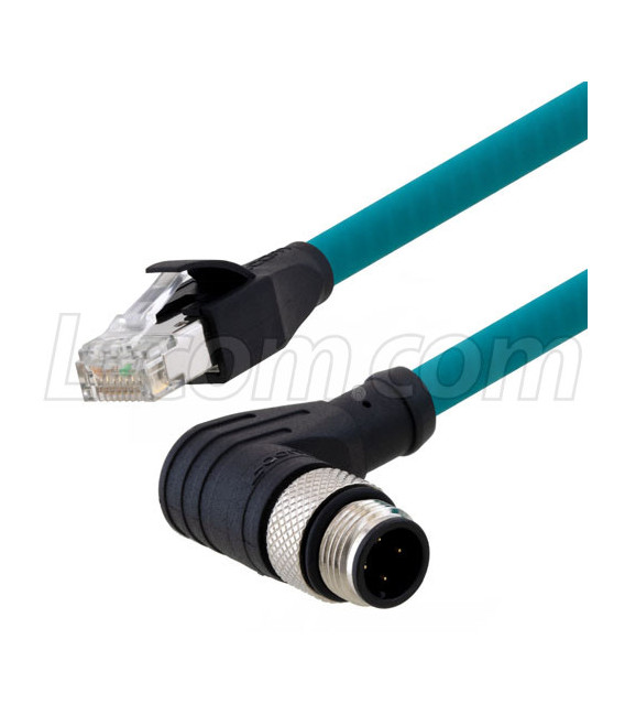 Category 5e M12 4 Position D code SF/UTP Industrial Cable, Right Angle M12 M / RJ45, 2.0m