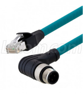 Category 5e M12 4 Position D code Double Shielded Industrial Cable, Right Angle M12 M / RJ45, 1.0m