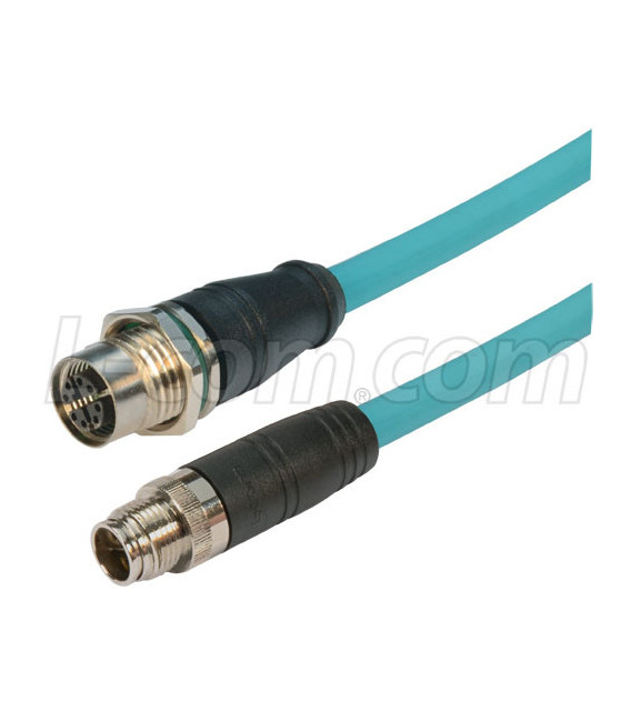 Category 6a M12 8 Position X code SF/UTP Industrial Cable, M12 M / M12 F Panel Mount, 0.5m