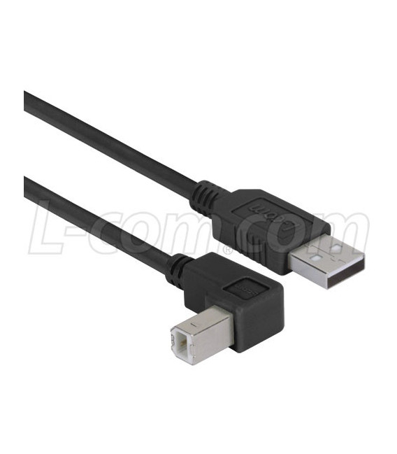 Right Angle USB Cable, Straight A Male/Down Angle B Male Black, 2.0m