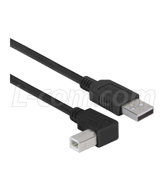 Right Angle USB Cable, Straight A Male / Left Angle B Male Black, 2.0m