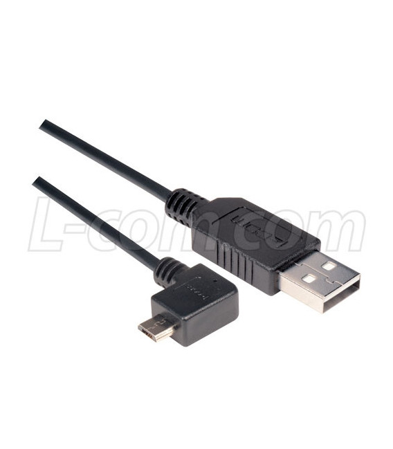 Right Angle USB cable, Straight A Male/ Left Angle Micro B Male, 5.0m