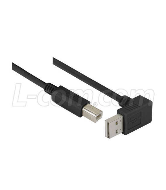 Right Angle USB Cable, Down Angle A Male/ Straight B Male Black, 1.0m
