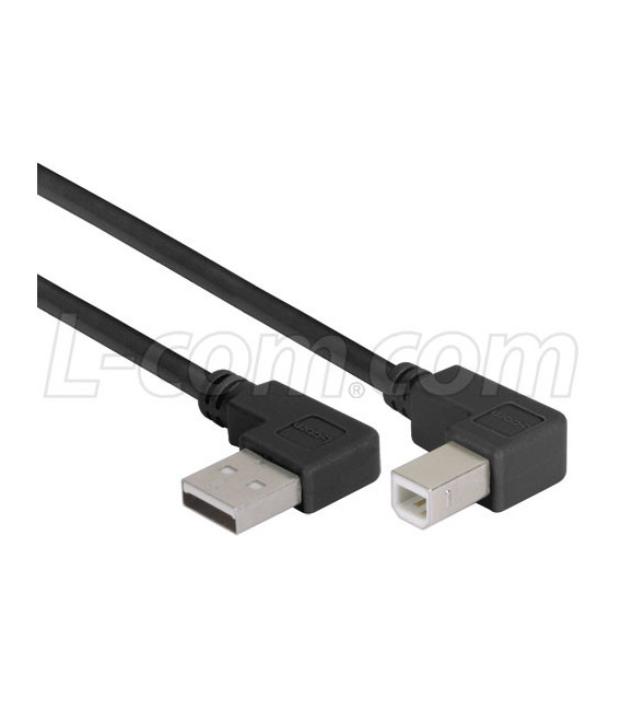 Right Angle USB Cable, Left Angle A Male/Right Angle B Male Black, 0.3m