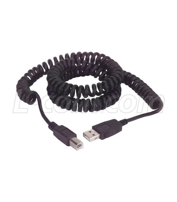 Coiled USB Cable, Latching Type A Male / Type B Male