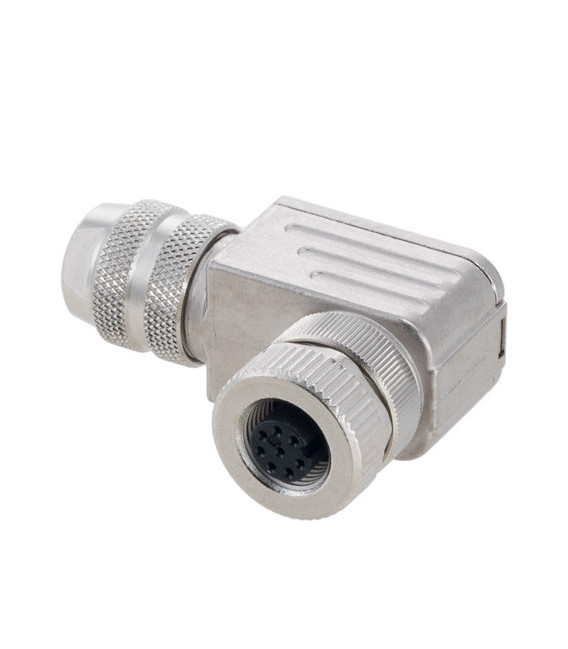 Shielded M12 8 Pin A-Code Female Right Angle Field Termination Connector, 24-20AWG