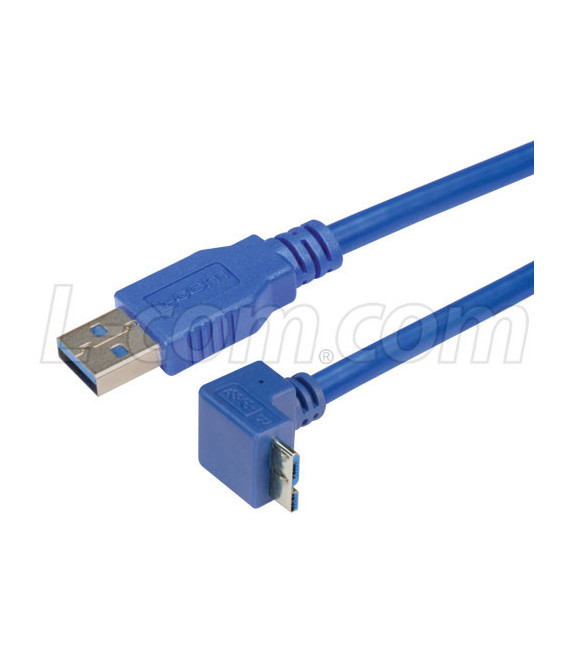 USB 3.0 Right Angle Cable Assembly - Down Angle Micro B - Straight A Connectors 5 Meters