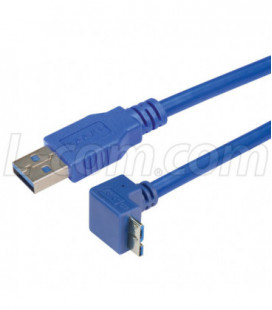 USB 3.0 Right Angle Cable Assembly - Down Angle Micro B - Straight A Connectors 5 Meters