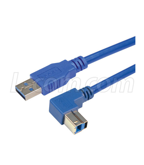 USB 3.0 Right Angle Cable Assembly - Down Angle B - Straight A Connectors 3 Meters
