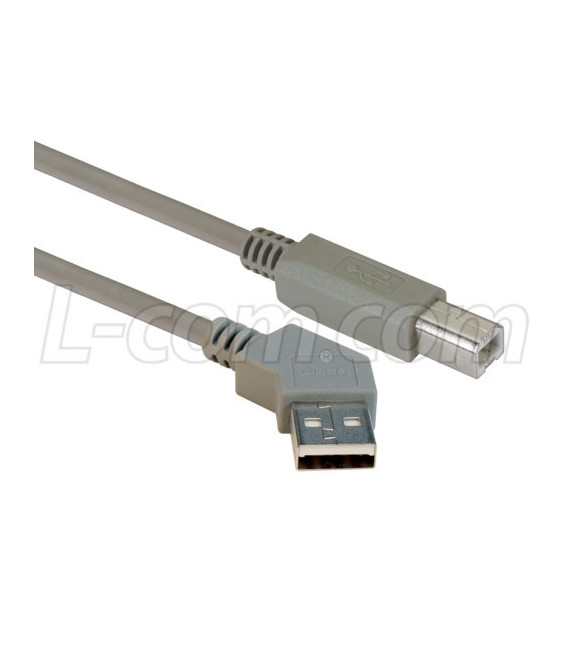45 Degree USB Cable, 45 Degree Left Angle A Male / Straight B Male, 5.0 m