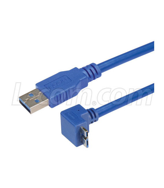 USB 3.0 Right Angle Cable Assembly - Up Angle Micro B - Straight A Connectors 0.3 Meters