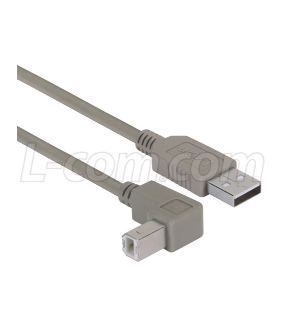 Right Angle USB Cable, Straight A Male/Down Angle B Male, 1.0m