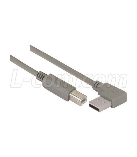 Right Angle USB Cable, Left Angle A Male/Straight B Male, 1.0m