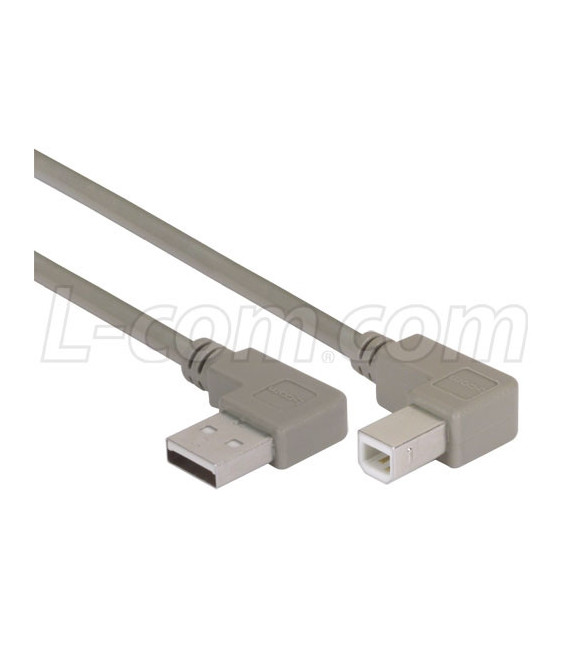 Right Angle USB Cable, Left Angle A Male/Right Angle B Male, 0.75m