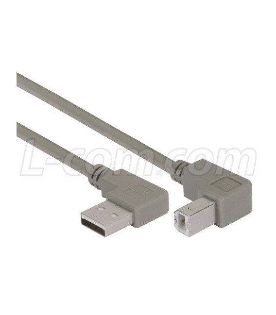 Right Angle USB Cable, Left Angle A Male/Down Angle B Male, 2.0m