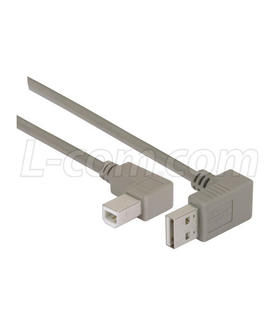 Right Angle USB Cable, Down Angle A Male/ Right Angle B Male, 0.3m