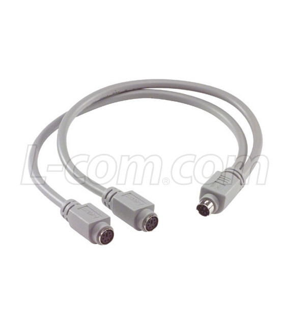 Molded Y Cable, Mini DIN 6 Male / (2) Mini DIN 6 Female, 1.25 ft