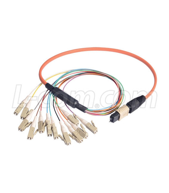 MPO Male to 12x LC Fan-out, 12 Fiber Ribbon, OM2 50/125 Multimode, OFNR Jacket, Orange, 0.5m