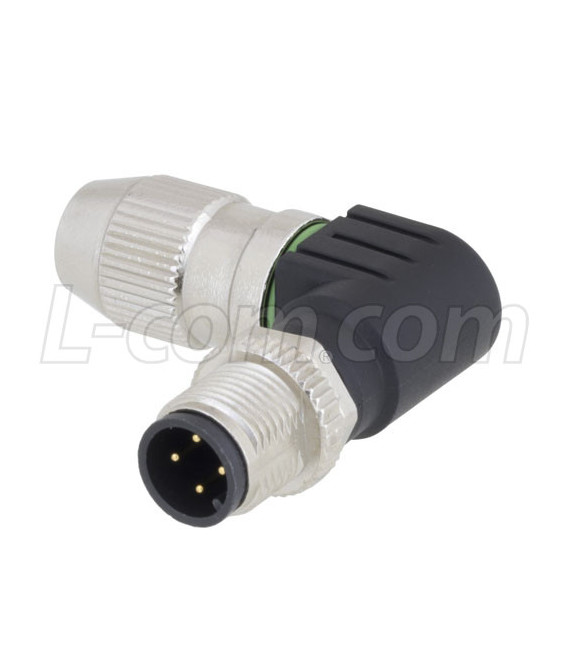 Right Angle M12 4 Pin A-Code Male Field Termination Connector, 23-20AWG