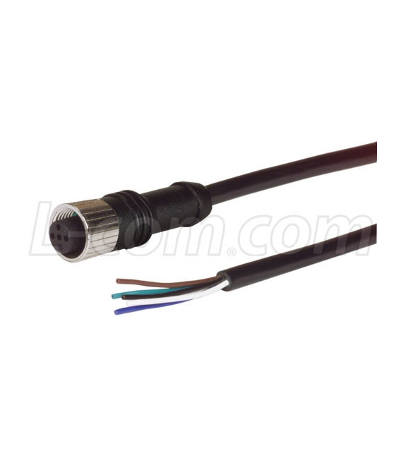 M12 5 Position A-Coded Female/Pigtail Cable Assembly, 1.0m