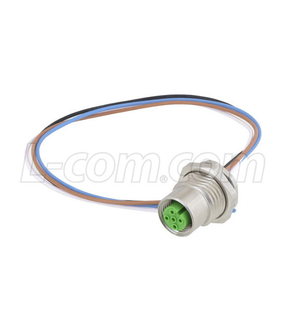 M12 4 Pin A Code Female Receptacle, IP67 Rated, Front Mounting Style with 0.2m Leads