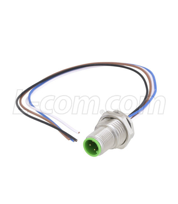 M12 4 Position A Code Male Receptacle, IP67 Rated, Front Mounting Style with 0.2m Leads