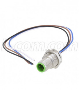M12 4 Position A Code Male Receptacle, IP67 Rated, Front Mounting Style with 0.2m Leads