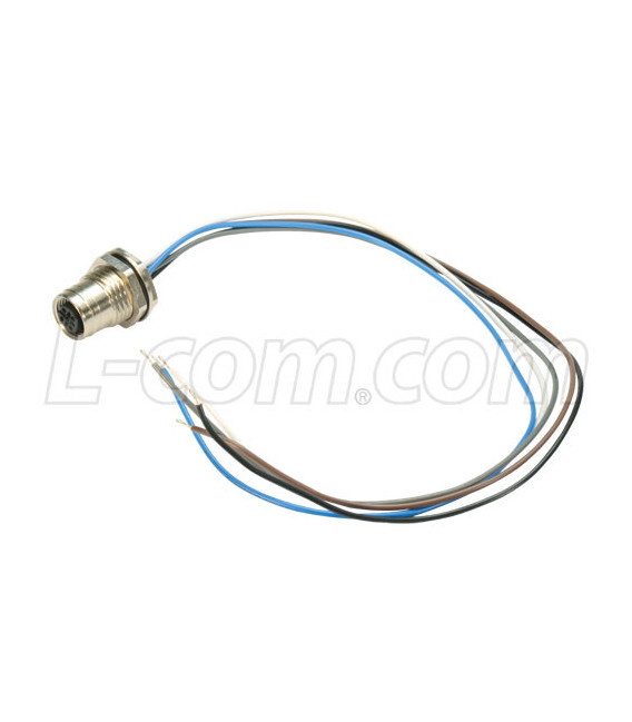 M12 4 Position A Code Female Receptacle, IP69K Rated, Front Mounting Style with 0.3m Leads
