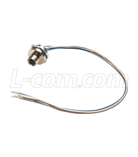 M12 5 Position A Code Female Receptacle, IP69K Rated, Rear Mounting Style with 0.3m Leads