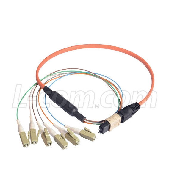 MPO Male to 6x LC Fan-out, 6 Fiber Ribbon, OM1 62.5/125 Multimode, OFNR Jacket, Orange, 10.0m