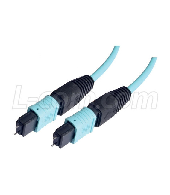 MPO w/ pins to MPO w/ pins, 6 Fiber Ribbon, OM3 10G 50/125 Multimode, OFNR Jacket, Aqua, 25.0m