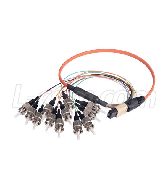 MPO Male to 12x ST Fan-out, 12 Fiber Ribbon, OM1 62.5/125 Multimode, OFNR Jacket, Orange, 5.0m