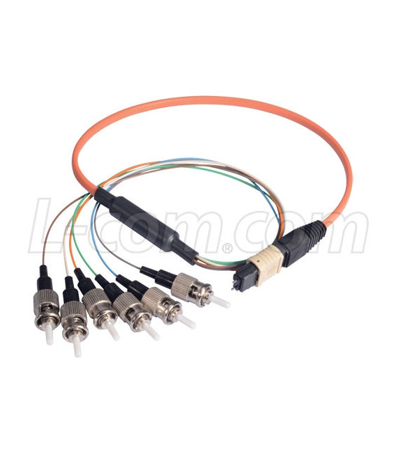 MPO Male to 6x ST Fan-out, 6 Fiber Ribbon, OM2 50/125 Multimode, OFNR Jacket, Orange, 1.0m