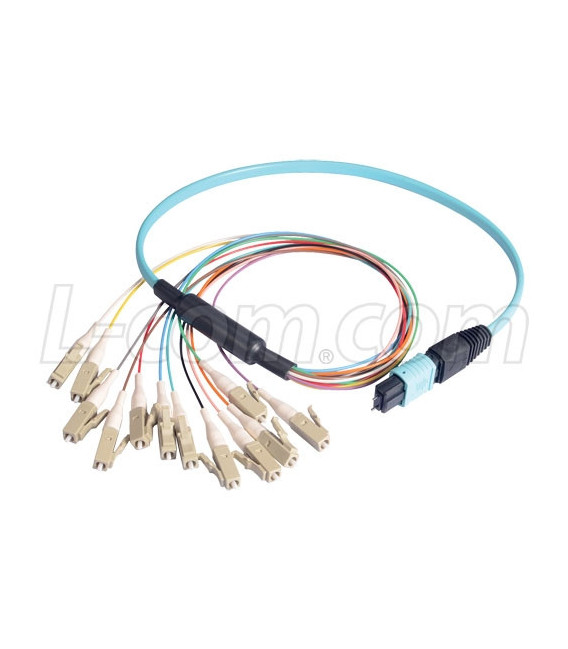 MPO Male to 12x LC Fan-out, 12 Fiber Ribbon, OM3 10G 50/125 Multimode, OFNR Jacket, Aqua, 0.5m