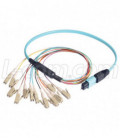 MPO Male to 12x LC Fan-out, 12 Fiber Ribbon, OM4 100G 50/125 Multimode, LSZH Jacket, Aqua, 5.0m