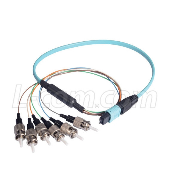 MPO Male to 6x ST Fan-out, 6 Fiber Ribbon, OM3 10G 50/125 Multimode, OFNR Jacket, Aqua, 10.0m