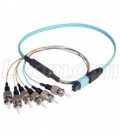 MPO Male to 6x ST Fan-out, 6 Fiber Ribbon, OM3 10G 50/125 Multimode, OFNR Jacket, Aqua, 10.0m