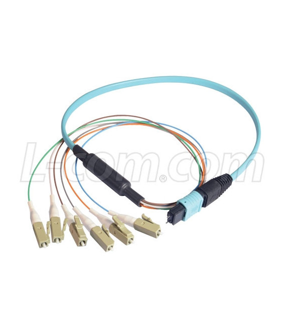 MPO Male to 6x LC Fan-out, 6 Fiber Ribbon, OM3 10G 50/125 Multimode, OFNR Jacket, Aqua, 1.0m