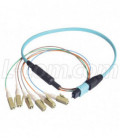 MPO Male to 6x LC Fan-out, 6 Fiber Ribbon, OM3 10G 50/125 Multimode, OFNR Jacket, Aqua, 5.0m