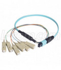 MPO Male to 6x SC Fan-out, 6 Fiber Ribbon, OM3 10G 50/125 Multimode, OFNR Jacket, Aqua, 1.0m