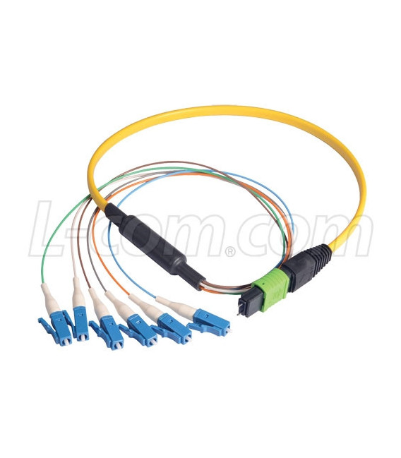 MPO Male to 6x LC Fan-out, 6 Fiber Ribbon, 9/125 Singlemode, OFNR Jacket, Yellow, 0.5m