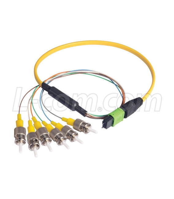 MPO Male to 6x ST Fan-out, 6 Fiber Ribbon, 9/125 Singlemode, OFNR Jacket, Yellow, 5.0m